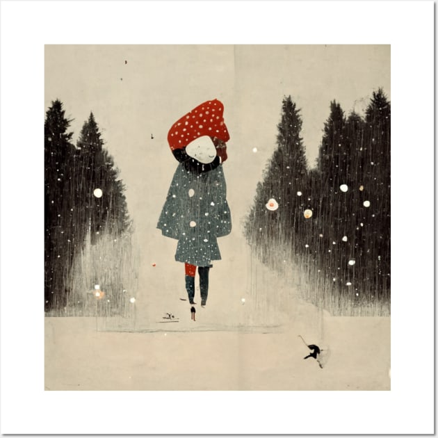 Image of girl in a big red toque walking in the snow as the flakes begin to fall. Wall Art by Liana Campbell